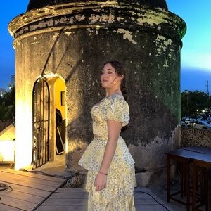 Abercrombie & Fitch Cream Fit and Flare Puff Sleeve Maxi Dress